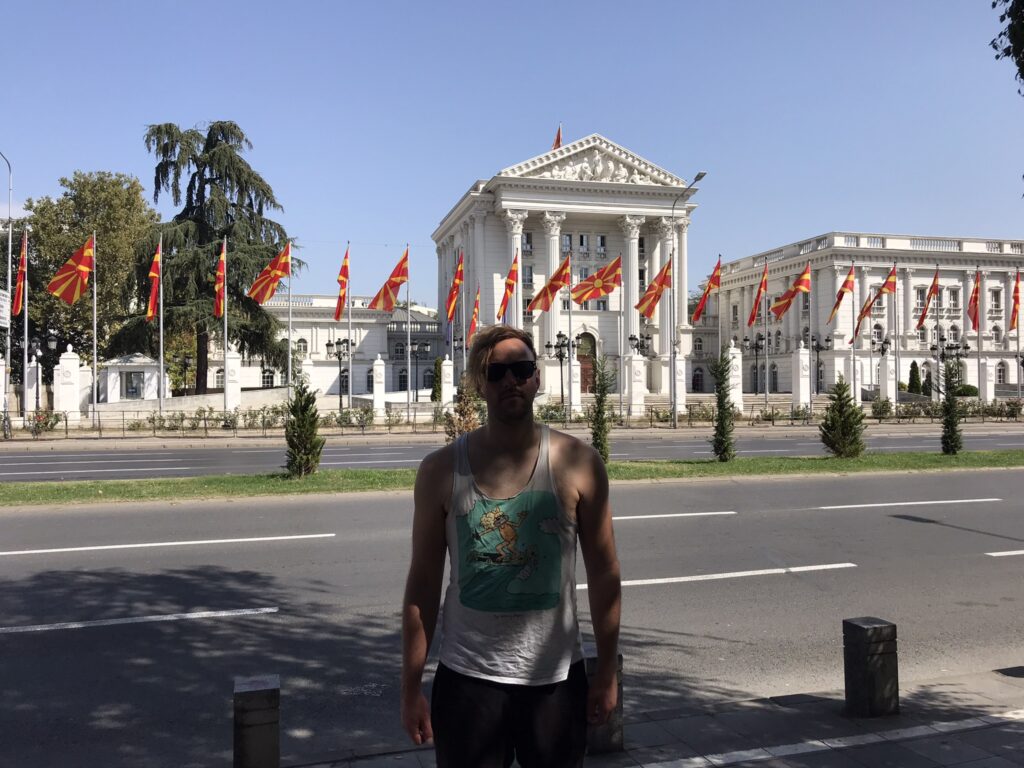 North Macedonia flags outside a government building in Skopje