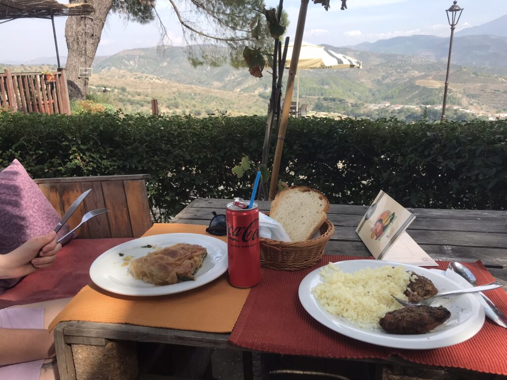 Food at a rooftop cafe in Berat