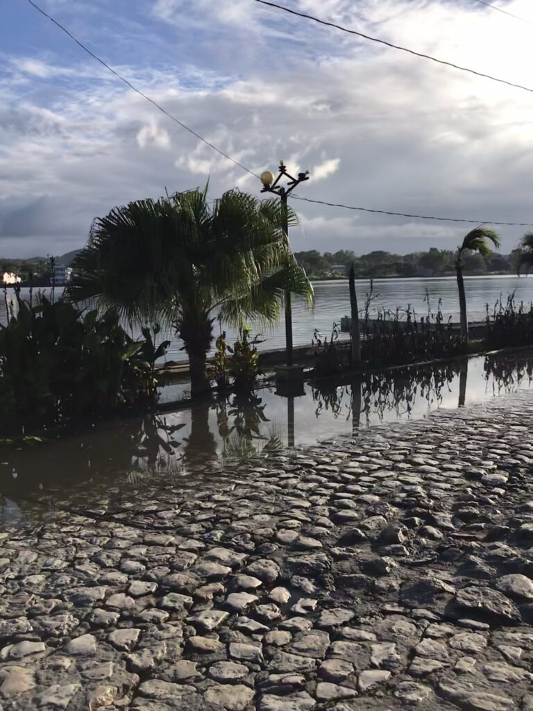 A flooded cobblestone street in Flores in northern Guatemala