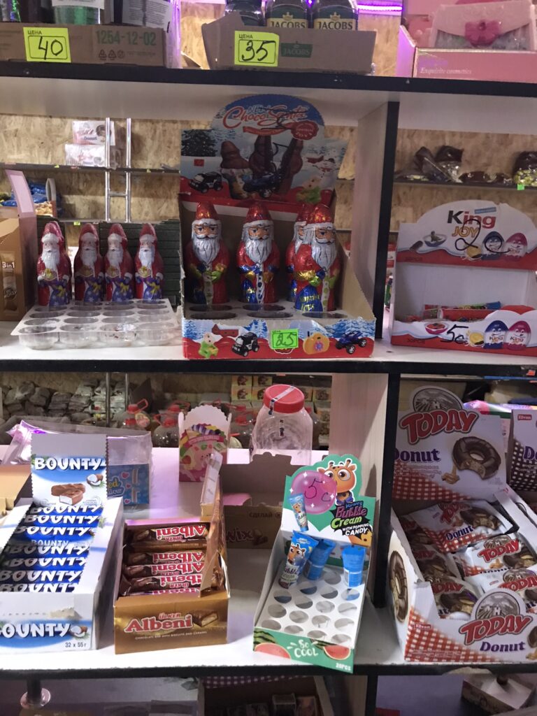 Chocolate santas at the shop in Murghab