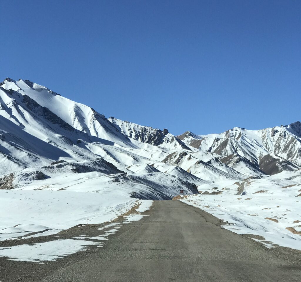 A snowy mountain road in Tajikistan