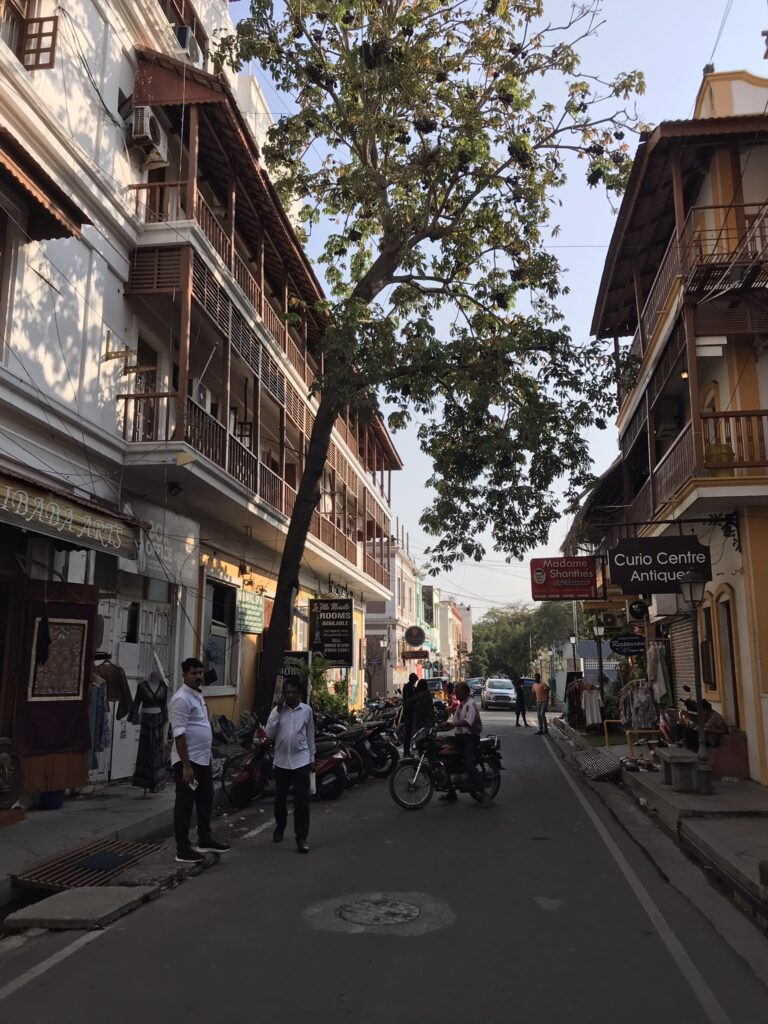 A street with colonial-style buildings in Puducherry
