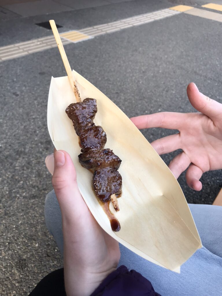 A skewer of Hida beef in Takayama