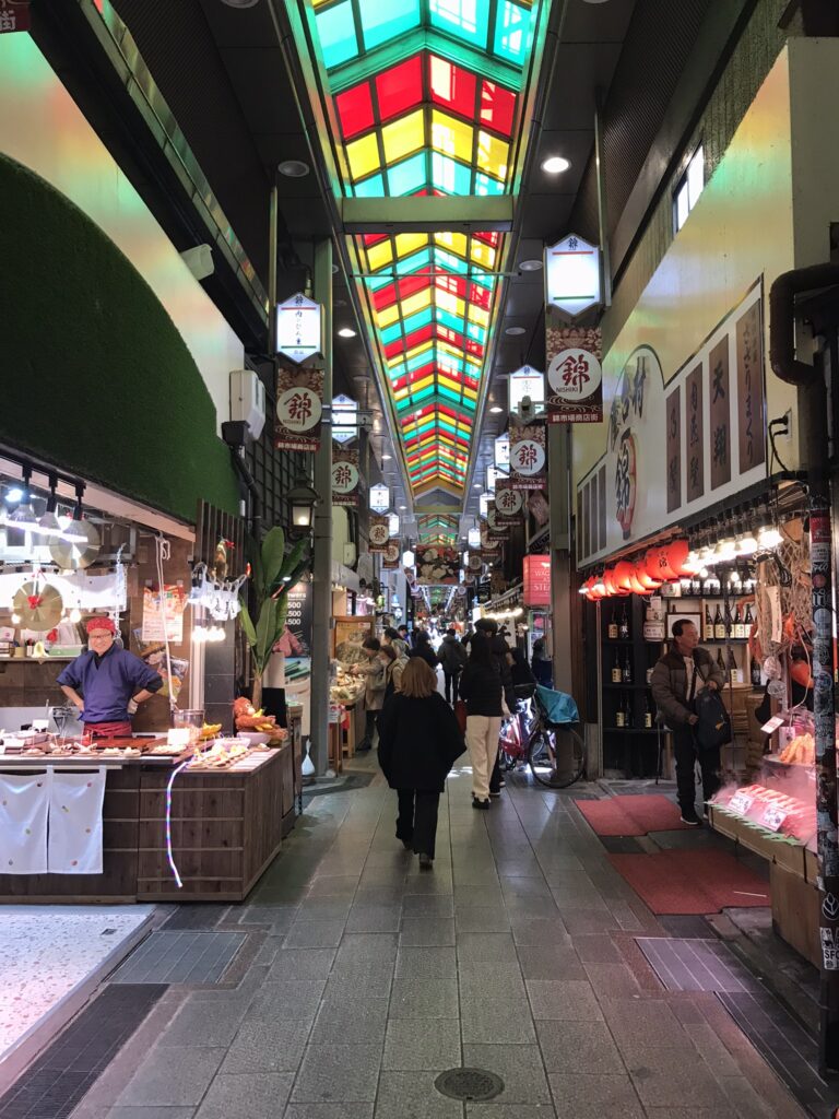 A covered arcade at Nishiki Market in Kyoto