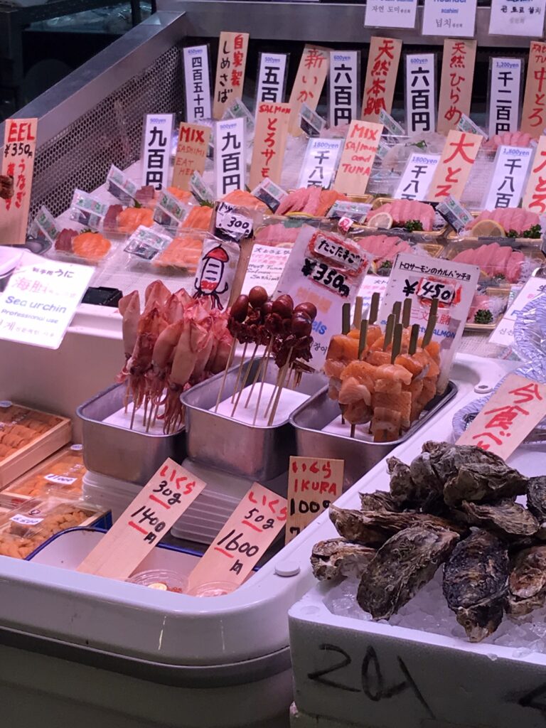 Seafood skewers at Nishiki Market in Kyoto