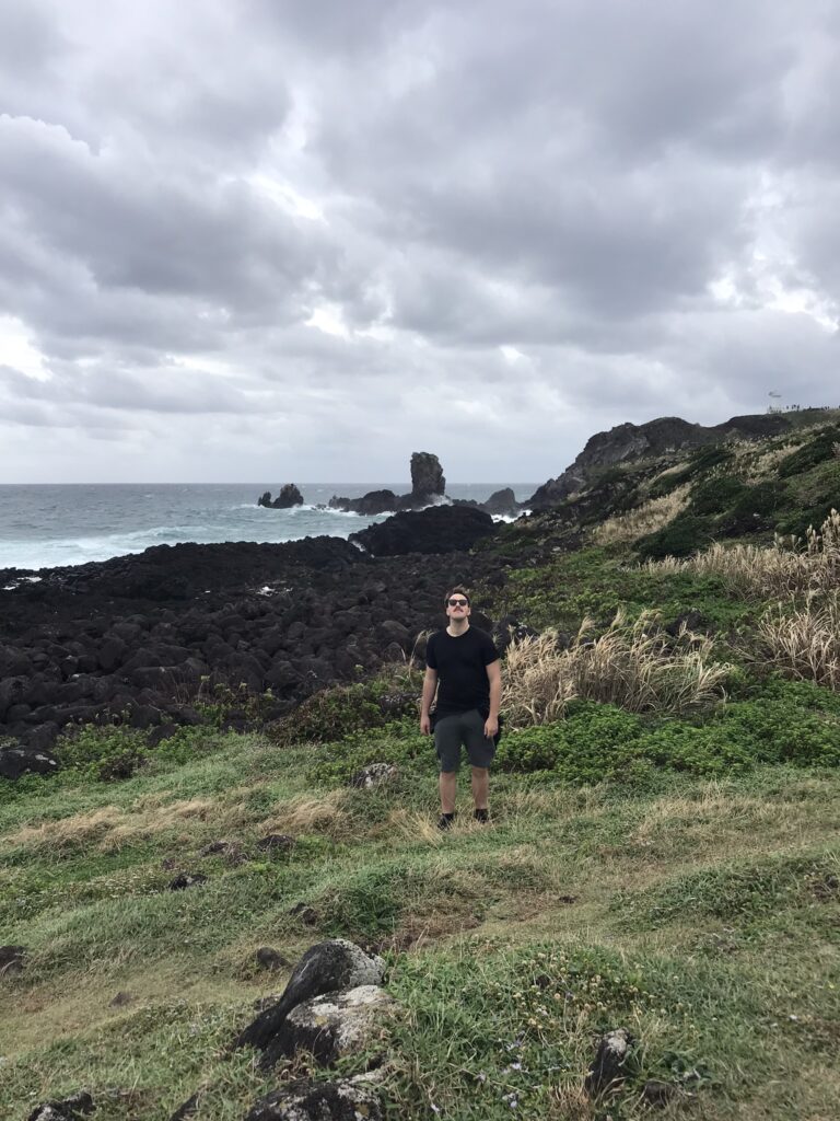 A windswept coastline in Jeju